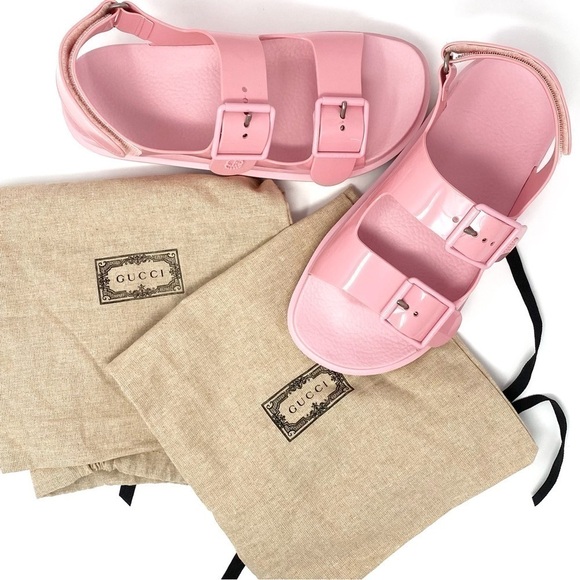 AUTHENTIC GUCCI DOUBLE GG LOGO PINK RUBBER PLATFORM DAD SANDALS SZ 38 or US 8 - Picture 10 of 11